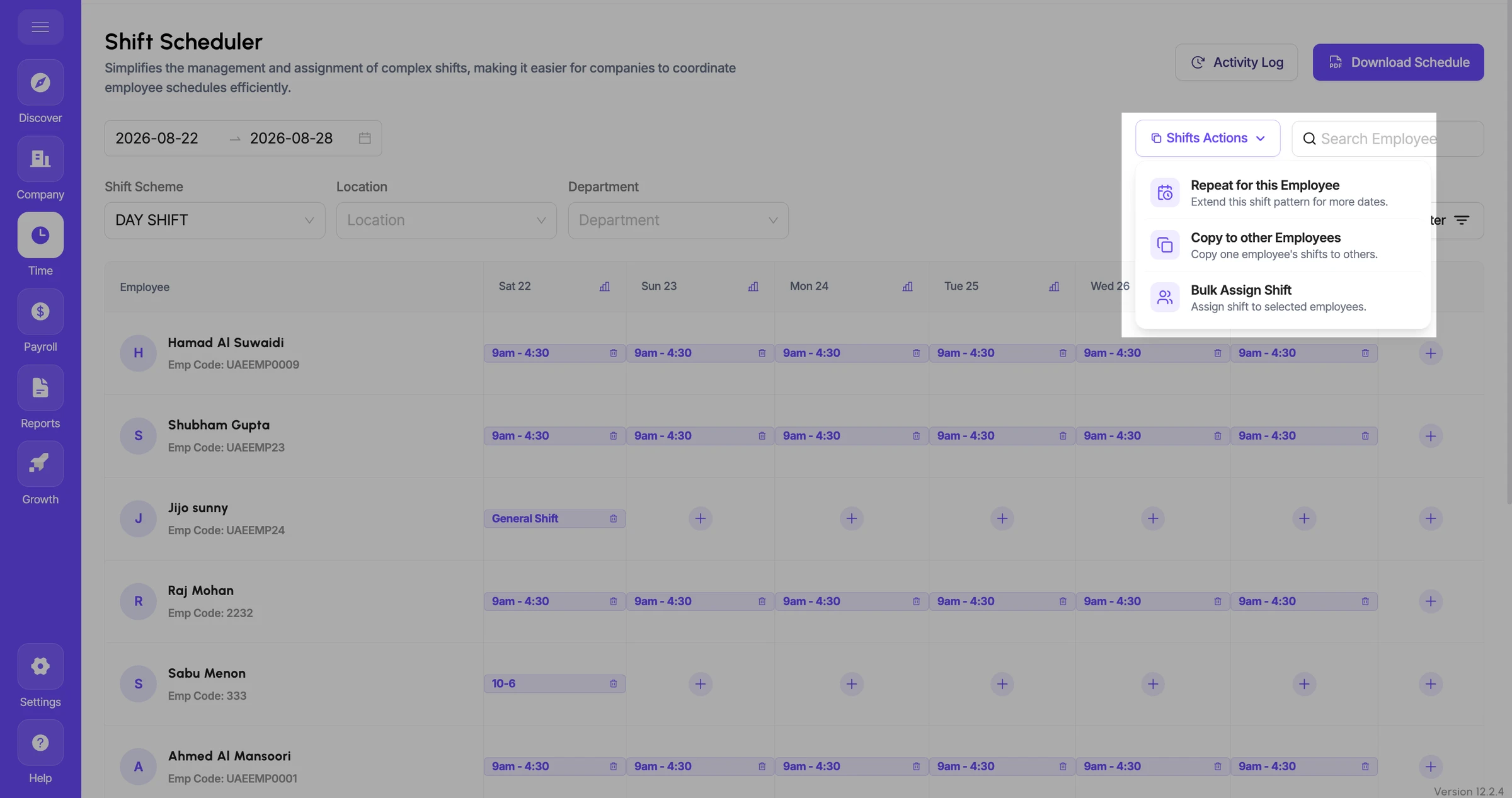 Shift Scheduler – Bulk Actions, Activity Log & Schedule Download