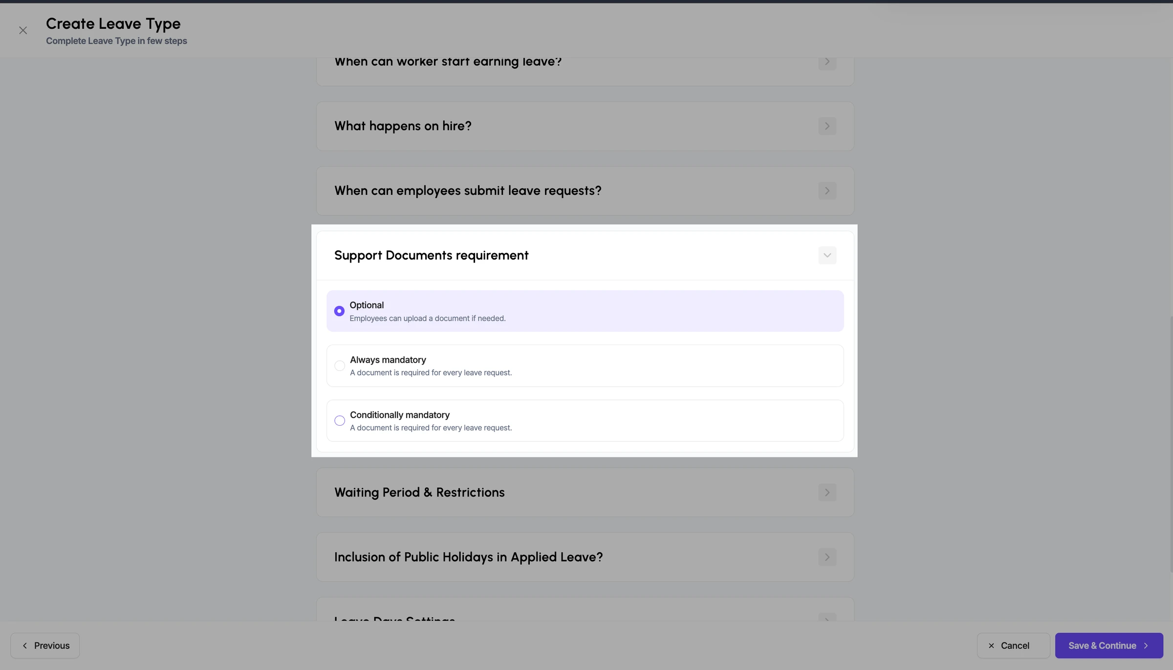 Leave Supporting Documents – Flexible Requirement Configuration