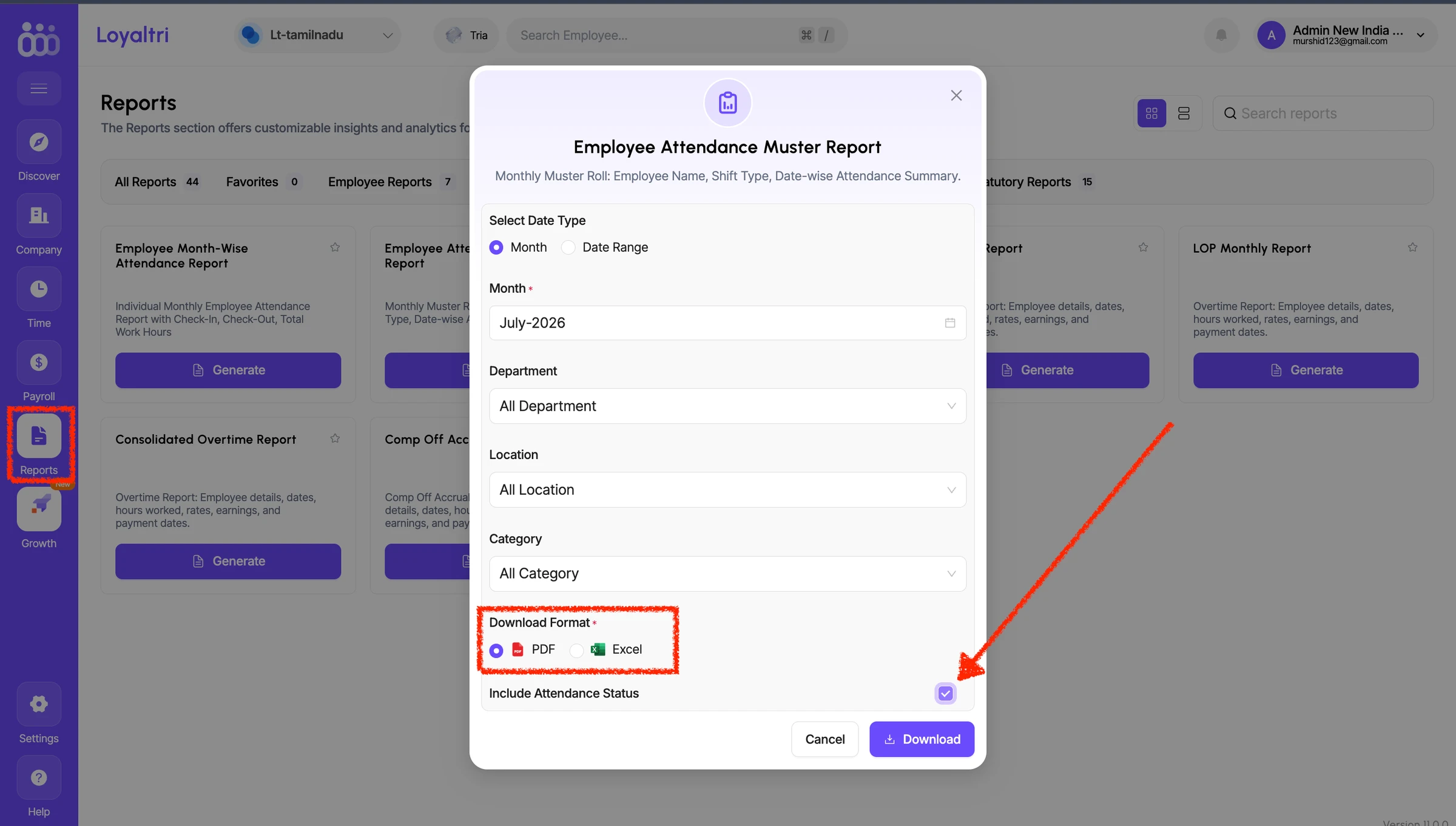 Employee Muster roll Report in PDF